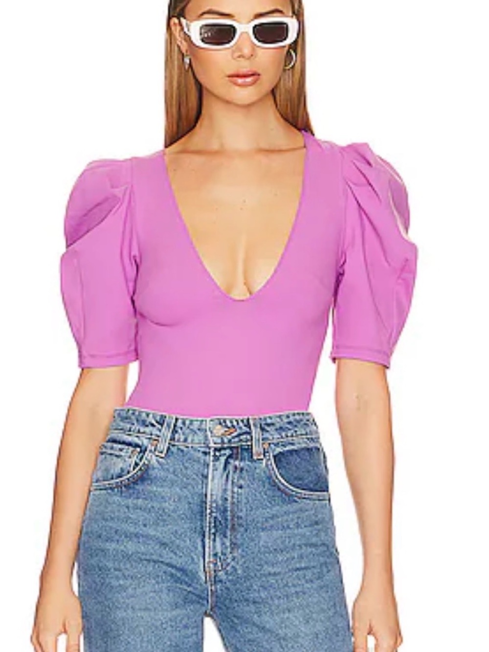 Free People Lilac V-Neck Puff Sleeve Bodysuit